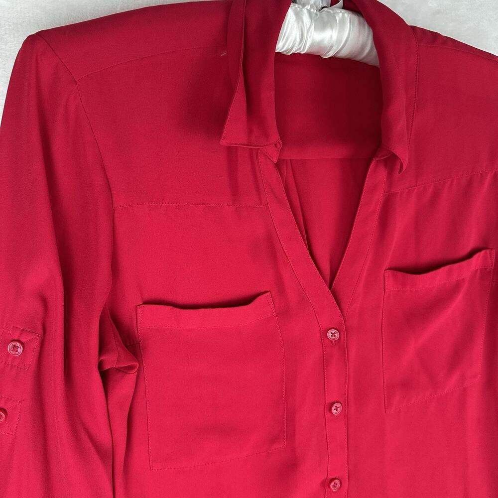 Express Portofino Shirt Womens Medium Raspberry Red Roll Tab Sleeve Blouse Y2K